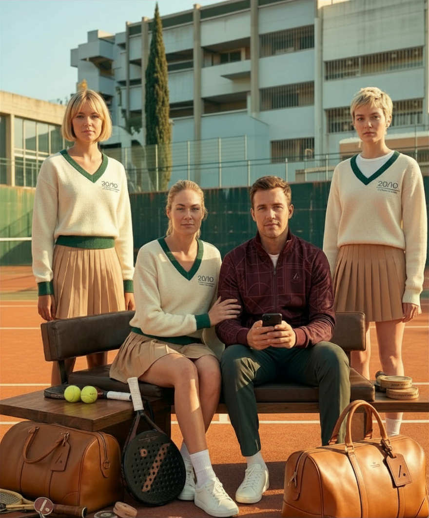 Four people in matching outfits on a tennis court with sports equipment.