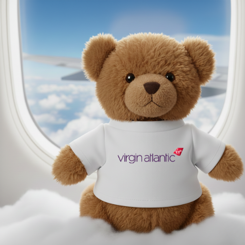 Teddy bear wearing a Virgin Atlantic shirt with a window view of clouds and sky in the background