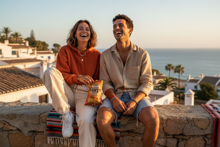 Two people sitting on a stone wall with a scenic background, holding a bag of Lay's potato chips.