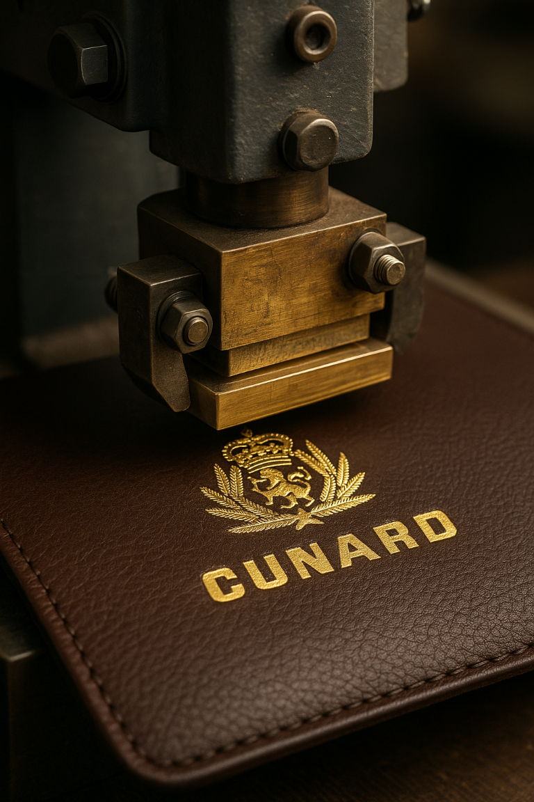 Close-up of a brass stamp on a Cunard leather surface