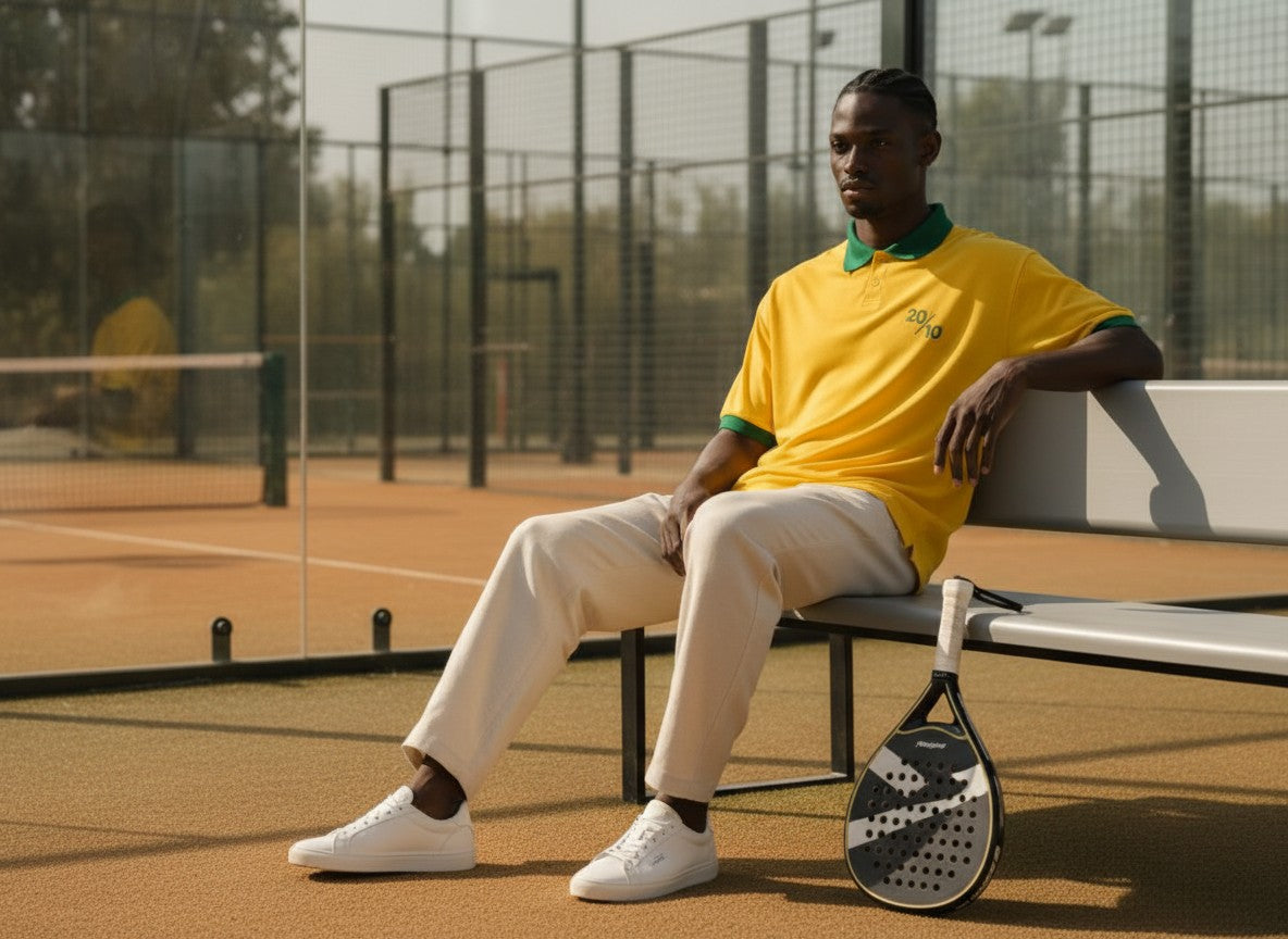 Man in yellow 2010 shirt and white pants sitting on a bench with a padel racket on a court