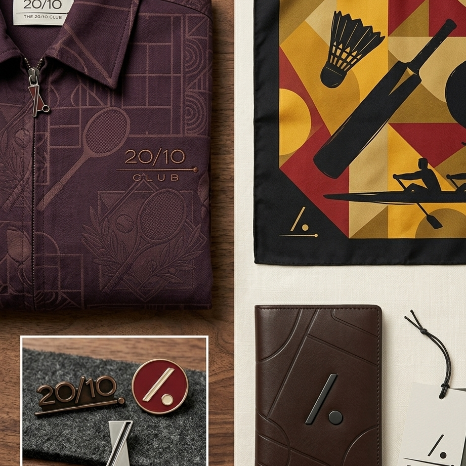 Collection of '20/10 Club' branded products including a jacket, scarf, wallet, and pins on a wooden surface.