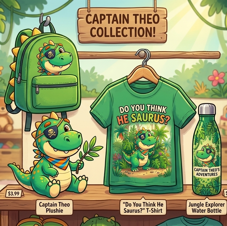 Captain Theo children's merchandise including a backpack, t-shirt, plushie, and water bottle in a room setting.