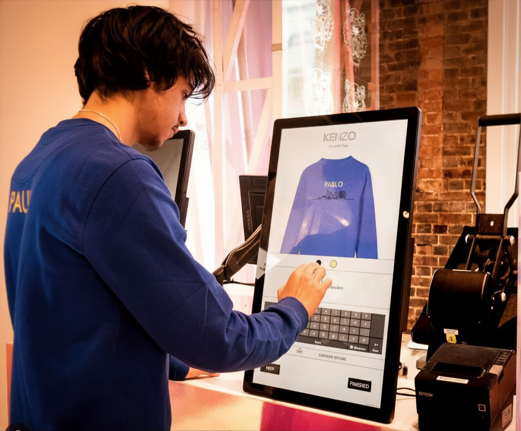 Person interacting with a touch screen display showing a blue shirt on a mannequin.