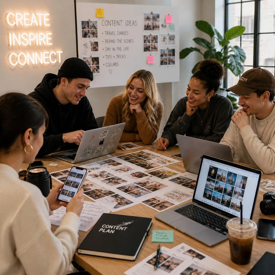 Group of people working together on a content creation project with laptops and photos.