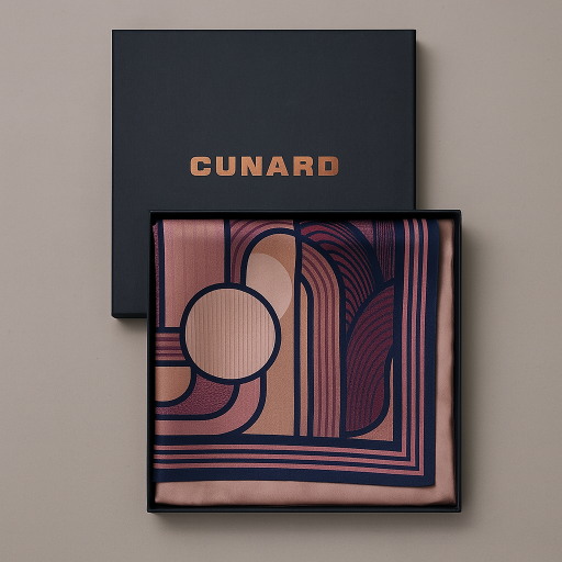 Cunard branded box with a patterned fabric inside on a beige background