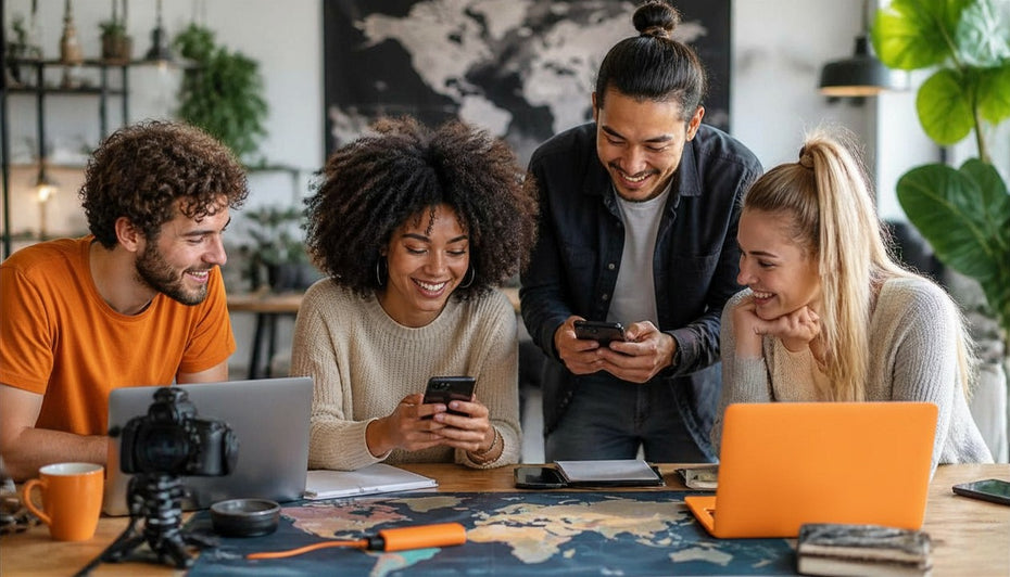 Four friends are gathered around a table with technology devices, smiling and interacting.