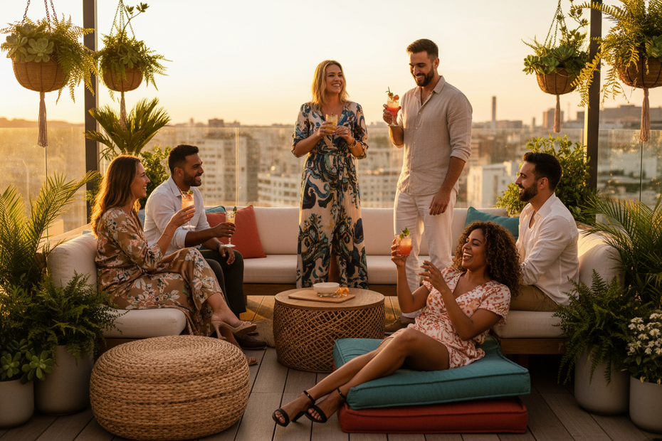 Group of people enjoying a rooftop party with drinks and conversation.