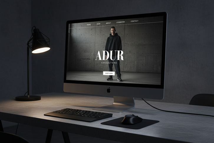 Computer monitor displaying a brand website on a dark desk with a lamp and chair.