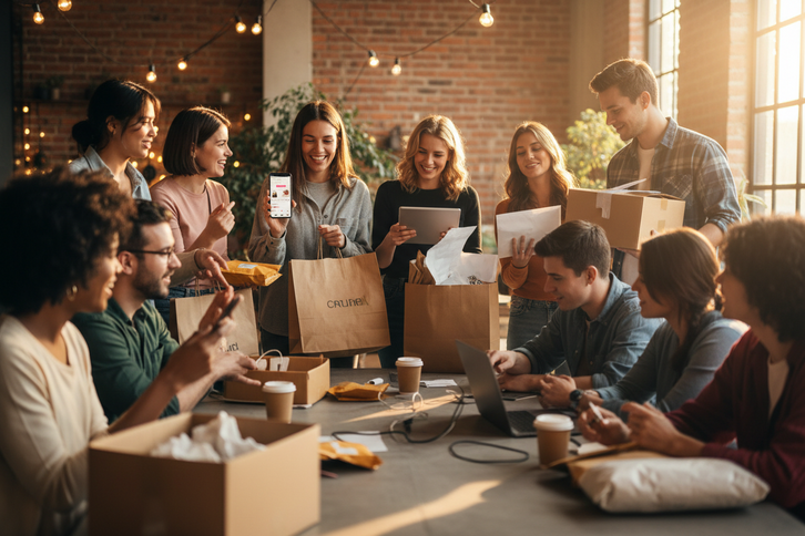 Group of people gathered around a table with boxes and digital devices in a casual office setting.