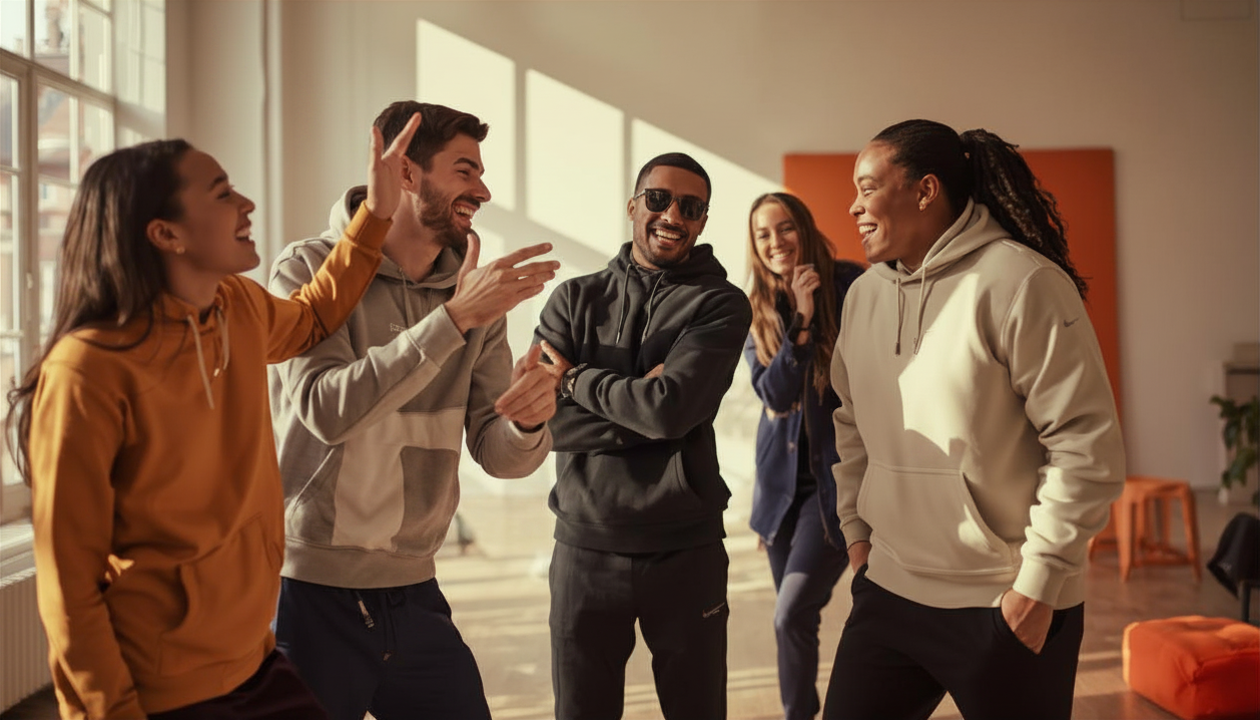 Group of people standing together in a modern indoor setting, smiling and interacting.