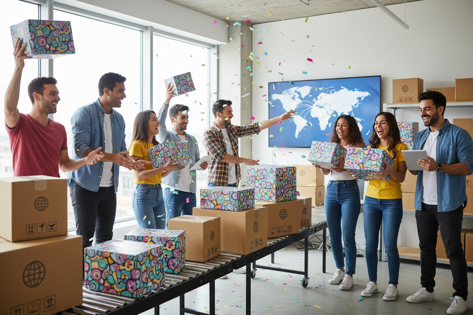 Group of people in a modern office setting with boxes and a world map.